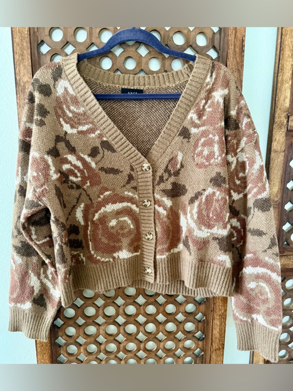 VICI Floral Cropped Cardigan XL Cozy Knit Button Front Boho Sweater